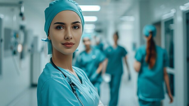 eine Frau in blauen Scrubs mit einem Lächeln auf ihrem Gesicht