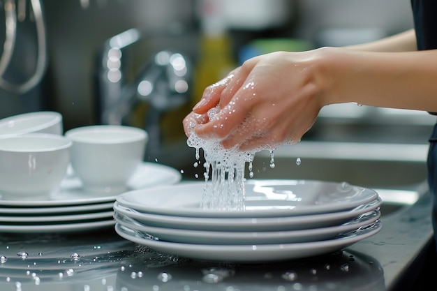 Foto eine frau in der küche wäscht einen teller unter fließendem wasser