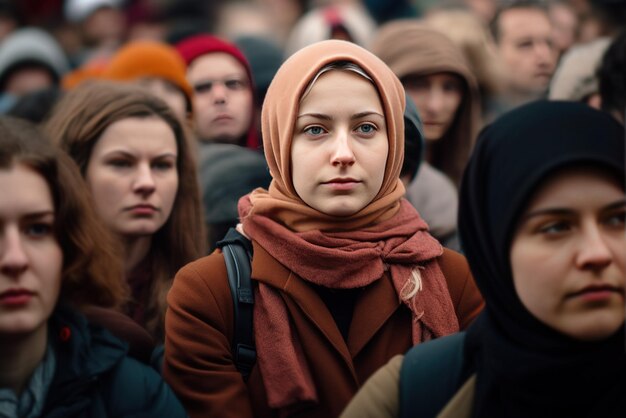 Eine Frau in der Nähe protestiert traurig gegen den Krieg Menschen versammeln sich, um Zeichen gegen den Krieg zu halten, die Aktivisten für globalen Frieden und Gerechtigkeit vereinen, die sich für humanitäre Rechte einsetzen