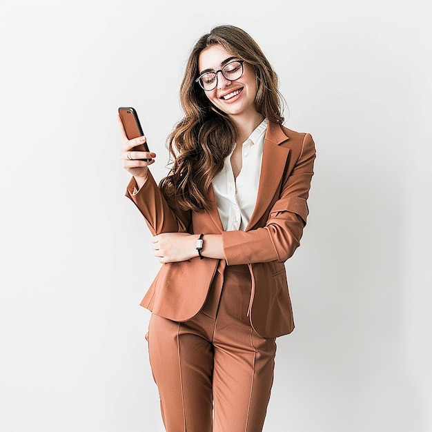 eine Frau in einem Anzug hält ein Handy