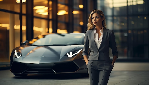 Eine Frau in einem Anzug steht neben einem Auto, auf dem Supercar steht.