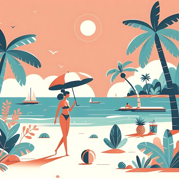 Foto eine frau in einem bikini geht mit einem regenschirm am strand spazieren