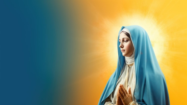 Eine Frau in einem blauen Gewand betet. Digitales Bild der Heiligen Mutter Maria