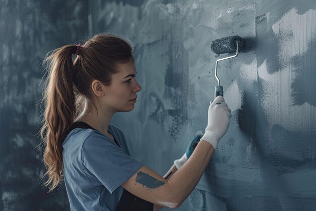 eine Frau in einem blauen Hemd malt eine Wand mit einer Farbrolle