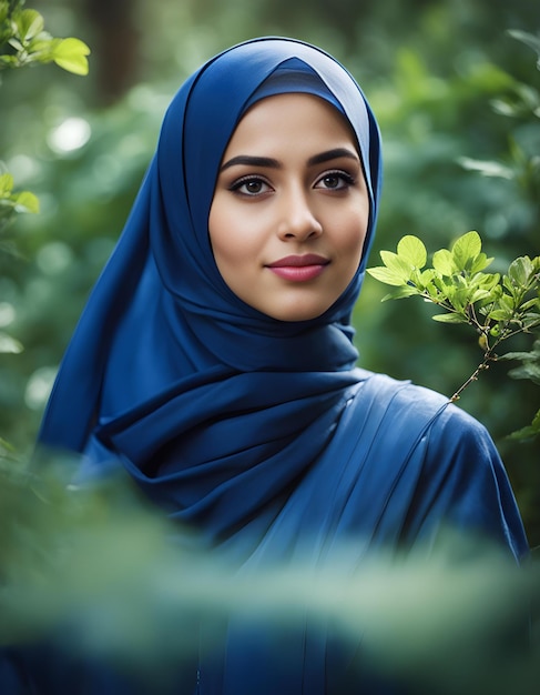 eine Frau in einem blauen Hijab steht in einem Wald