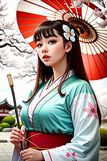 Eine Frau in einem blauen Kimono hält einen Regenschirm.