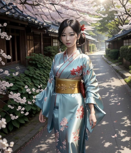 Eine Frau in einem blauen Kimono mit Blumen auf der linken Seite.