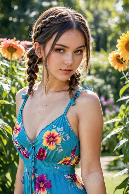 eine Frau in einem blauen Kleid, die in einem Blumenfeld mit einem Zopf steht