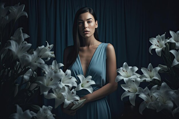 Eine Frau in einem blauen Kleid mit weißen Lilien