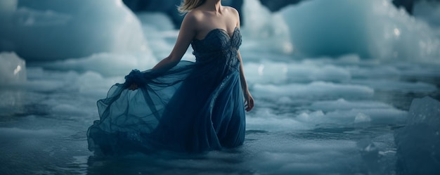 Eine Frau in einem blauen Kleid steht im Wasser vor Eisbergen