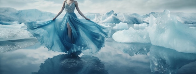 Eine Frau in einem blauen Kleid steht im Wasser vor Eisbergen