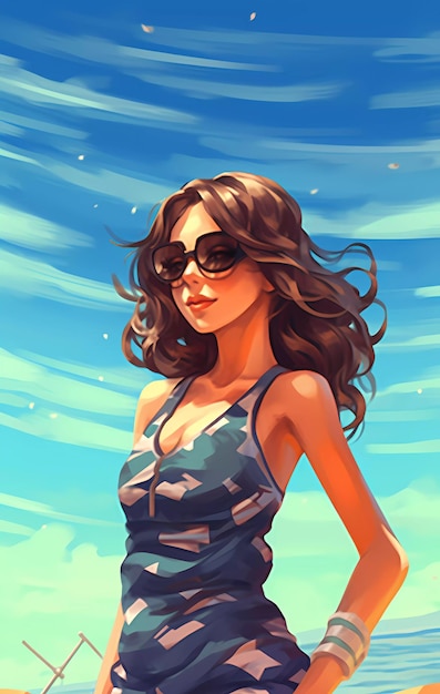 Eine Frau in einem blauen Kleid steht mit Sonnenbrille am Strand.