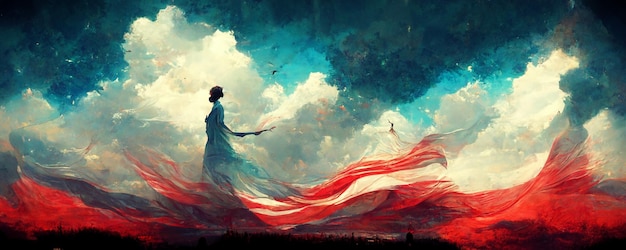 Eine Frau in einem blauen Kleid steht vor einem bewölkten Himmel, hinter sich eine rote Wolke.