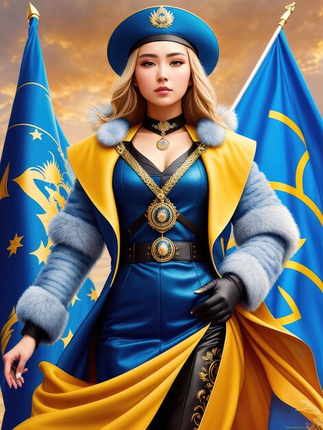 Eine Frau in einem blauen Kleid und einem blauen Mantel mit einem goldenen Stern darauf.