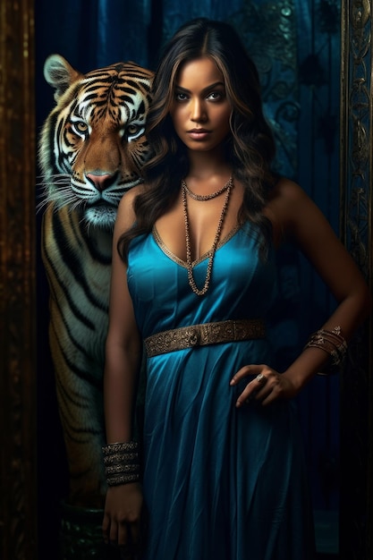 Eine Frau in einem blauen Kleid und einem Tiger