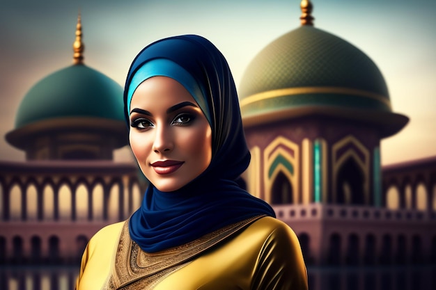 Eine Frau in einem blauen Kopftuch steht vor einer Moschee.
