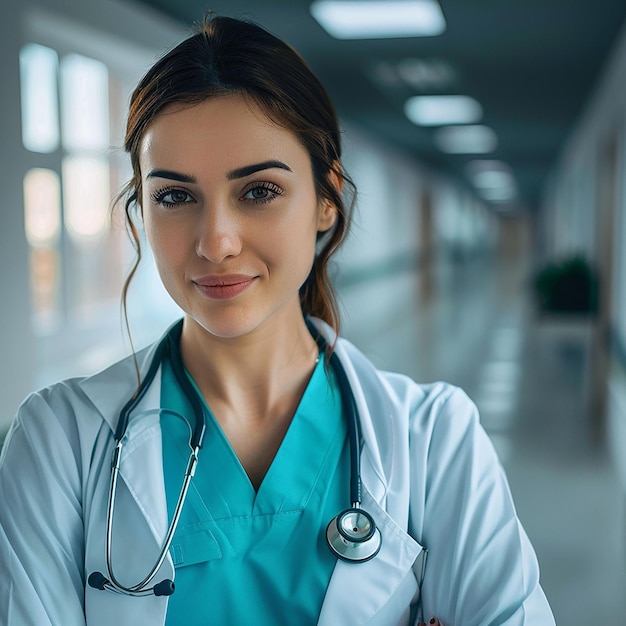 eine Frau in einem blauen Scrub steht in einem Korridor mit einem Stethoskop am Hals