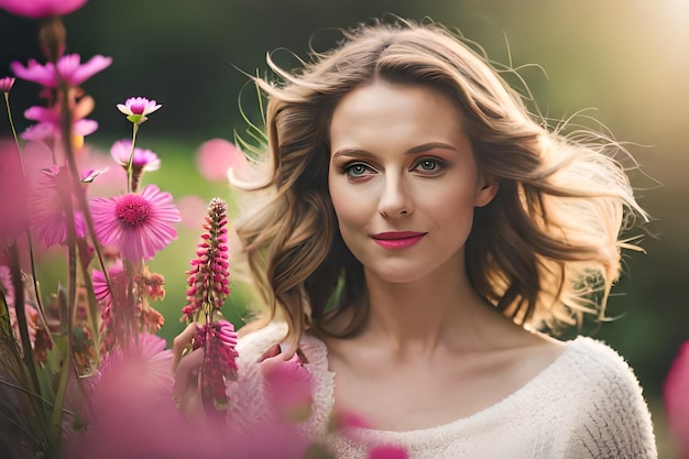 eine Frau in einem Blumenfeld mit der Sonne hinter sich