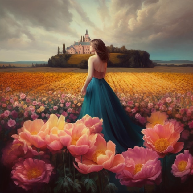 Eine Frau in einem Blumenfeld mit einem Schloss im Hintergrund.