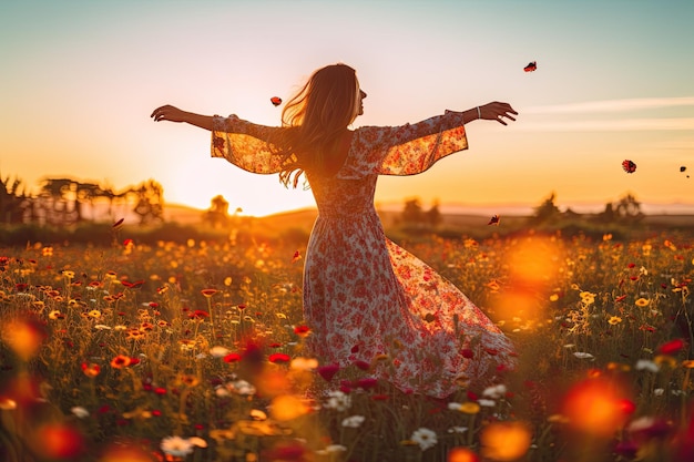 Eine Frau in einem Blumenfeld mit einem Sonnenuntergang im Hintergrund