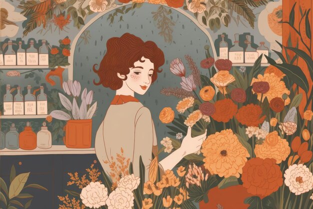 Eine Frau in einem Blumenladen mit einem Blumenstrauß.