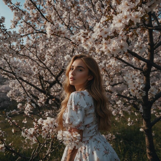 eine Frau in einem blumigen Kleid steht vor einem Baum mit den Worten quotes shes a quot