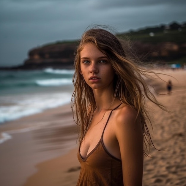 Eine Frau in einem braunen Kleid steht am Strand.