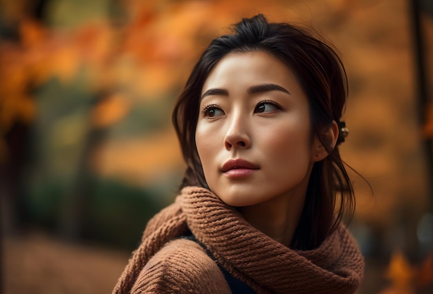 Eine Frau in einem braunen Pullover blickt in die Ferne.