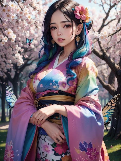 Eine Frau in einem bunten Kimono mit Regenbogenhaar.