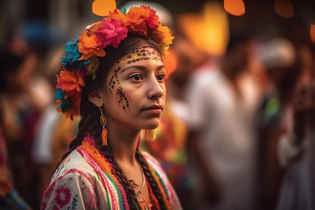 Eine Frau in einem bunten Kleid steht vor einer Menschenmenge Kolumbianisches Fest