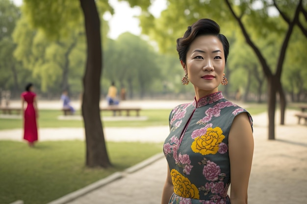 Eine Frau in einem chinesischen Kleid steht in einem Park.
