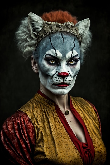 Eine Frau in einem Clownkostüm mit roter Nase und gelbem Oberteil.