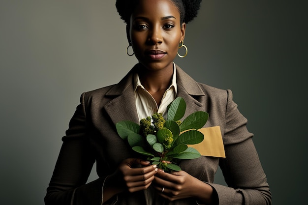Eine Frau in einem eleganten Anzug hält eine grüne Pflanze in ihren Händen, ein nachhaltiges Unternehmen, das künstliche Intelligenz generiert