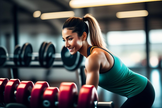 Eine Frau in einem Fitnessstudio hebt Gewichte und lächelt.