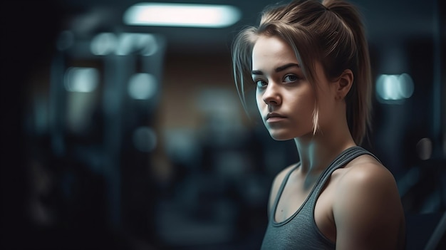 Eine Frau in einem Fitnessstudio mit schwarzem Tanktop steht vor einem schwarzen Hintergrund.