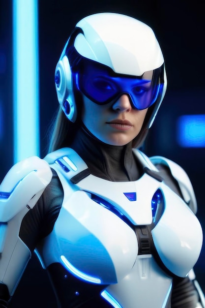 eine Frau in einem futuristischen Anzug mit Helm und Schutzbrille