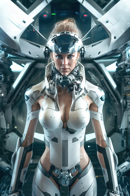 Eine Frau in einem futuristischen Anzug steht vor einem futuristischen Roboter.