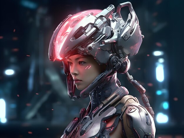 Eine Frau in einem futuristischen Helm mit dem Wort Cyberpunk auf der Oberseite.