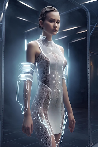 Eine Frau in einem futuristischen Kleid steht in einem dunklen Raum mit einem leuchtenden Bildschirm, auf dem "Cyberpunk" steht