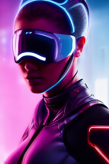 Eine Frau in einem futuristischen Kostüm mit einem Neonschild, auf dem Neon steht