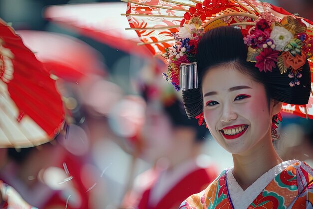 Eine Frau in einem Geisha-Kleid lächelt in die Kamera