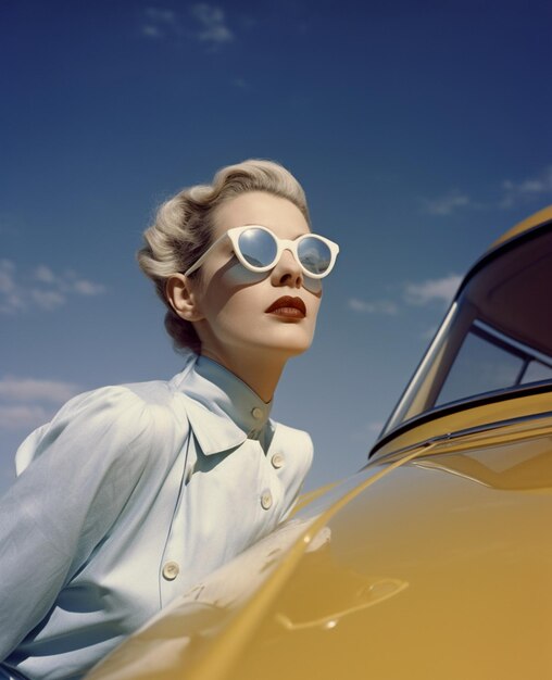 Eine Frau in einem gelben Auto mit Sonnenbrille