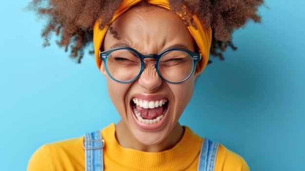 Foto eine frau in einem gelben hemd mit brille