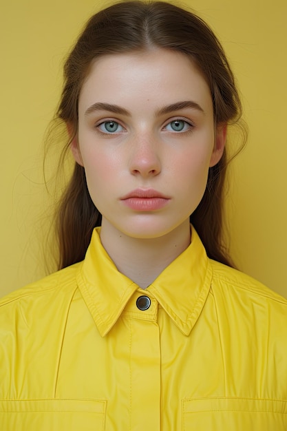 eine Frau in einem gelben Hemd