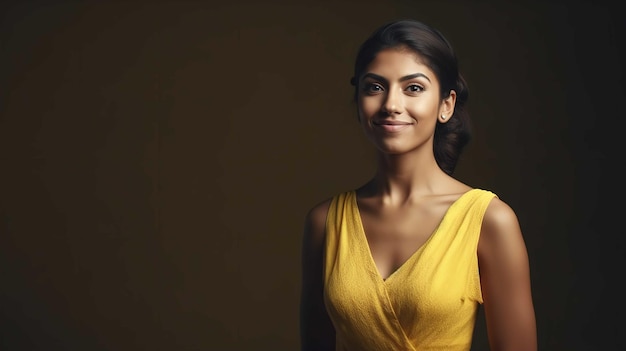 Eine Frau in einem gelben Kleid lächelt in die Kamera.