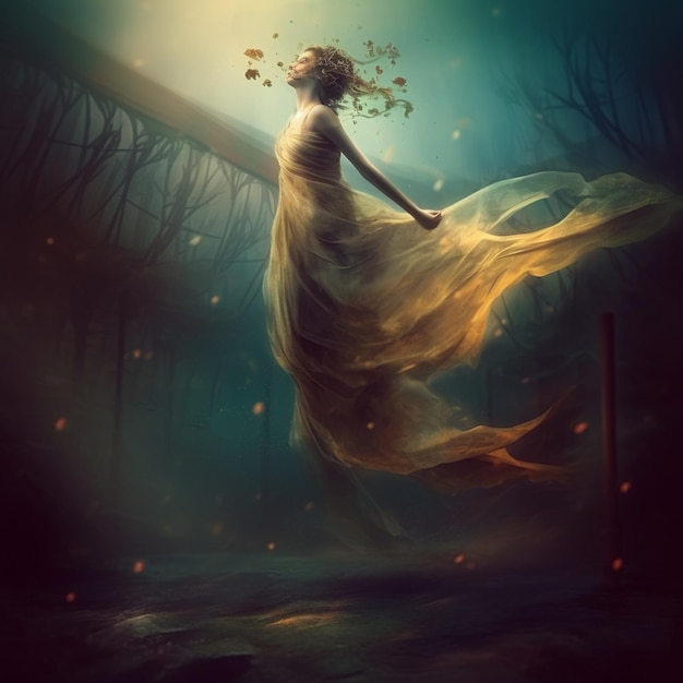 Eine Frau in einem gelben Kleid mit Blättern auf dem Kopf steht im Dunkeln.