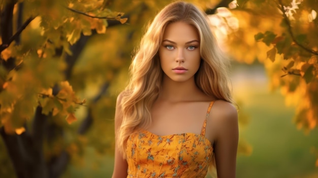 Eine Frau in einem gelben Kleid steht vor einem Baum mit Herbstblättern im Hintergrund