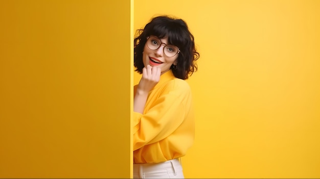 Eine Frau in einem gelben Top steht vor einer gelben Wand und schaut in die Kamera.