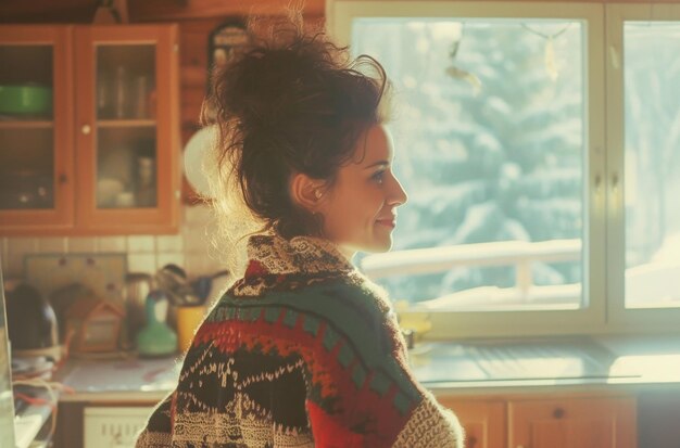 Eine Frau in einem gemütlichen Strickpullover genießt die Wärme ihrer sonnigen Küche mit einer ruhigen Winterlandschaft, die durch das Fenster sichtbar ist