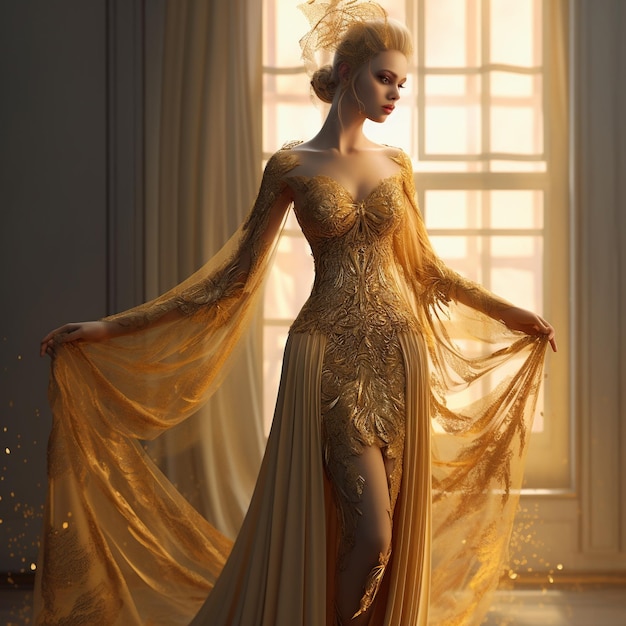 eine Frau in einem goldenen Kleid mit einem goldenen Strumpf und einem golten Rock.
